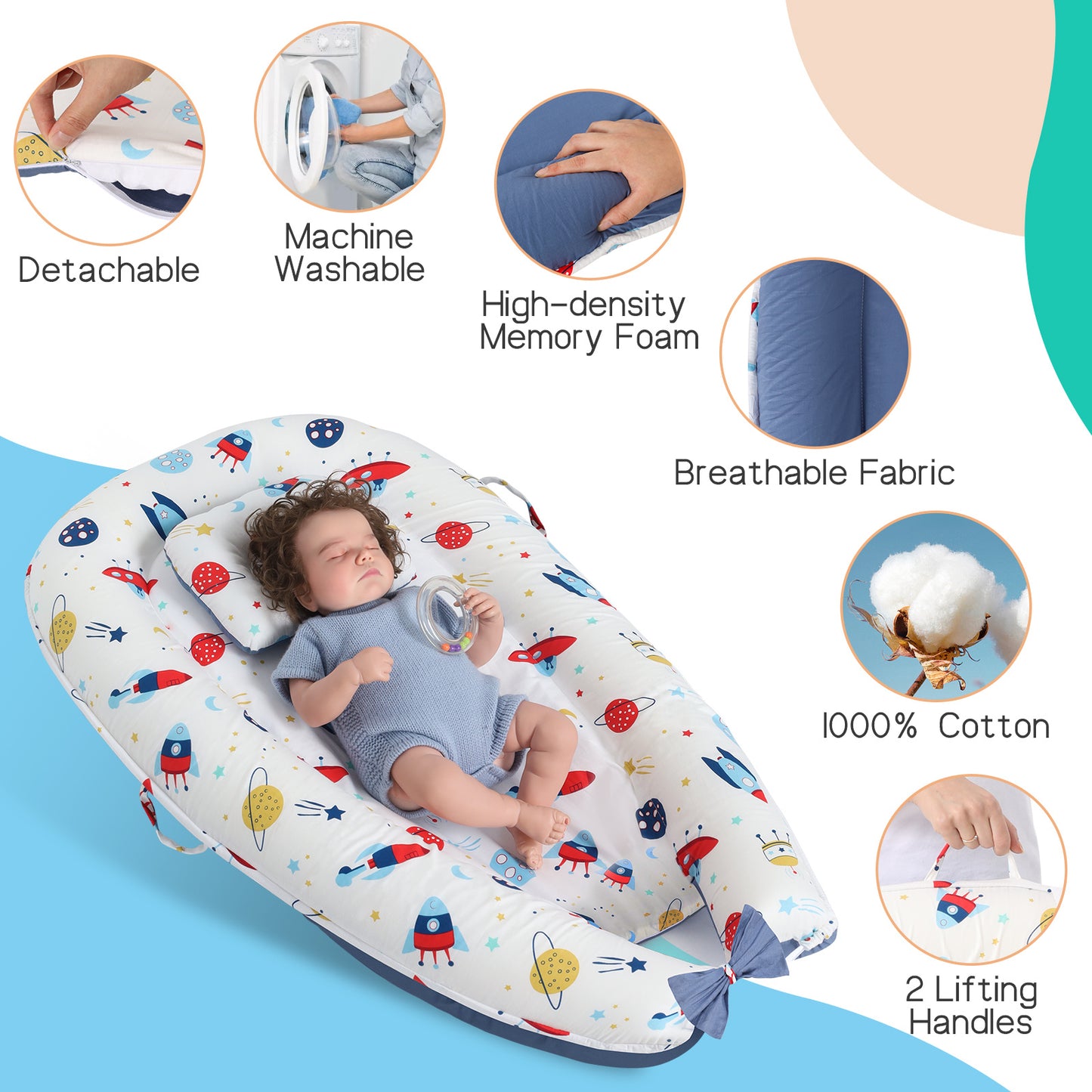 US Local Baby's Crib pure Cotton Sleeve , High-grade Memory Foam, Inner Core, Detachable, Easy To Clean, Easy To Carry