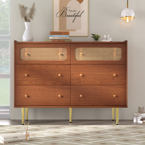 UK Local Rattan Sideboard Cabinet For Living Room, Chest Of Drawers With 6 Drawers, Walnut -40D X 120W X 90H Centimetres