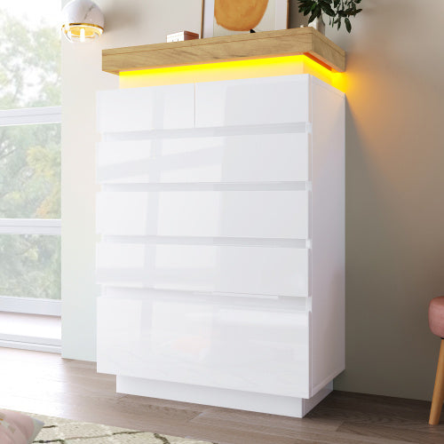 UK Local Chest Of Drawers,High-gloss Sideboard Cabinet With 6 Drawers,Storage With RGB LED App-controlled,Multi-purpose Cabinet For Living Room And Bedroom, 115 X 73 X 39 Cm, White