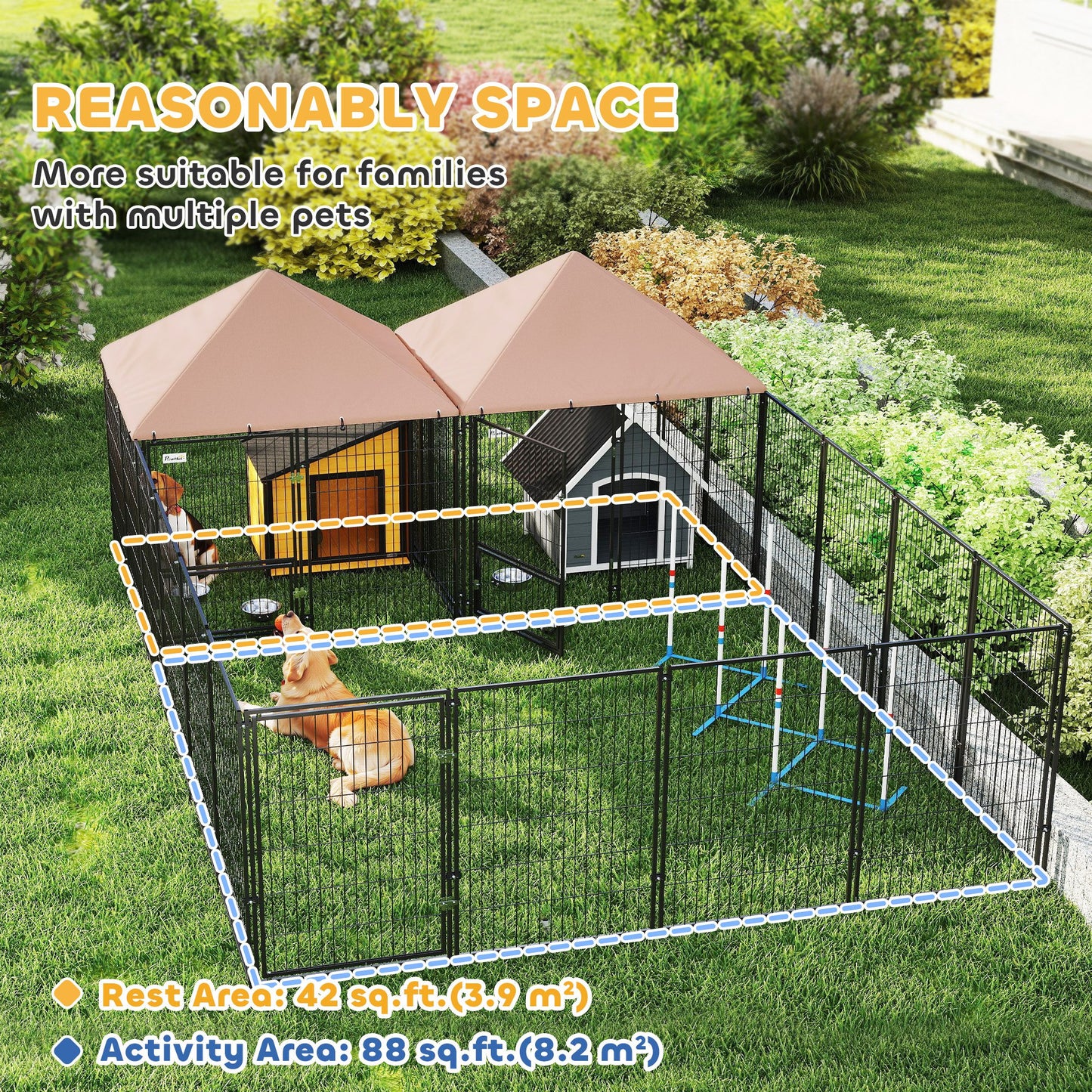US Local Large Outdoor Dog Kennel With 2 Rooms, Rotating & Adjustable Height Bowls, 13.5 X 9.4 X 5.1