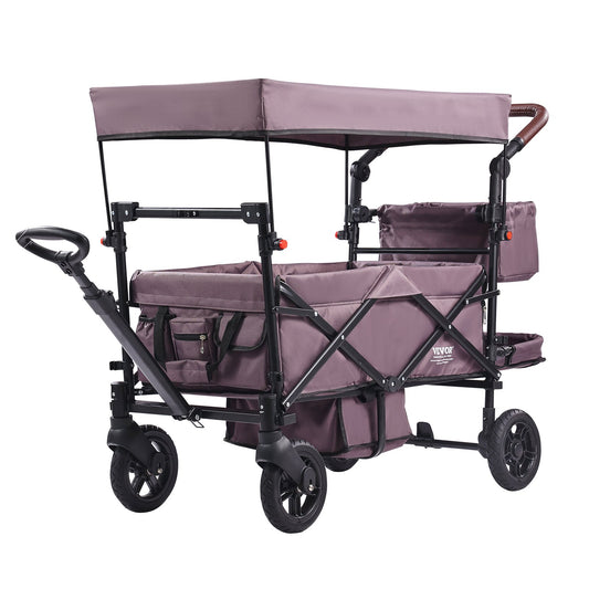 US Local Wagon Stroller For 2 Kids, Push Pull Quad Collapsible Stroller With Adjustable Handle, Encircling Harness Removable Canopy,4 Wheels W/ Brakes,Mutifunction Tandem Stroller For Camping Dark Purple