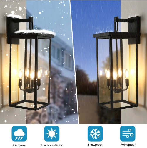 US Local 26H 1ps Modern Outdoor Wall Lanterns With Black Metal Frame And Clear Glass, 4 E12 Bulb Socket, Weatherproof Wall Sconces For Porch, Garden, Patio No Bulbs