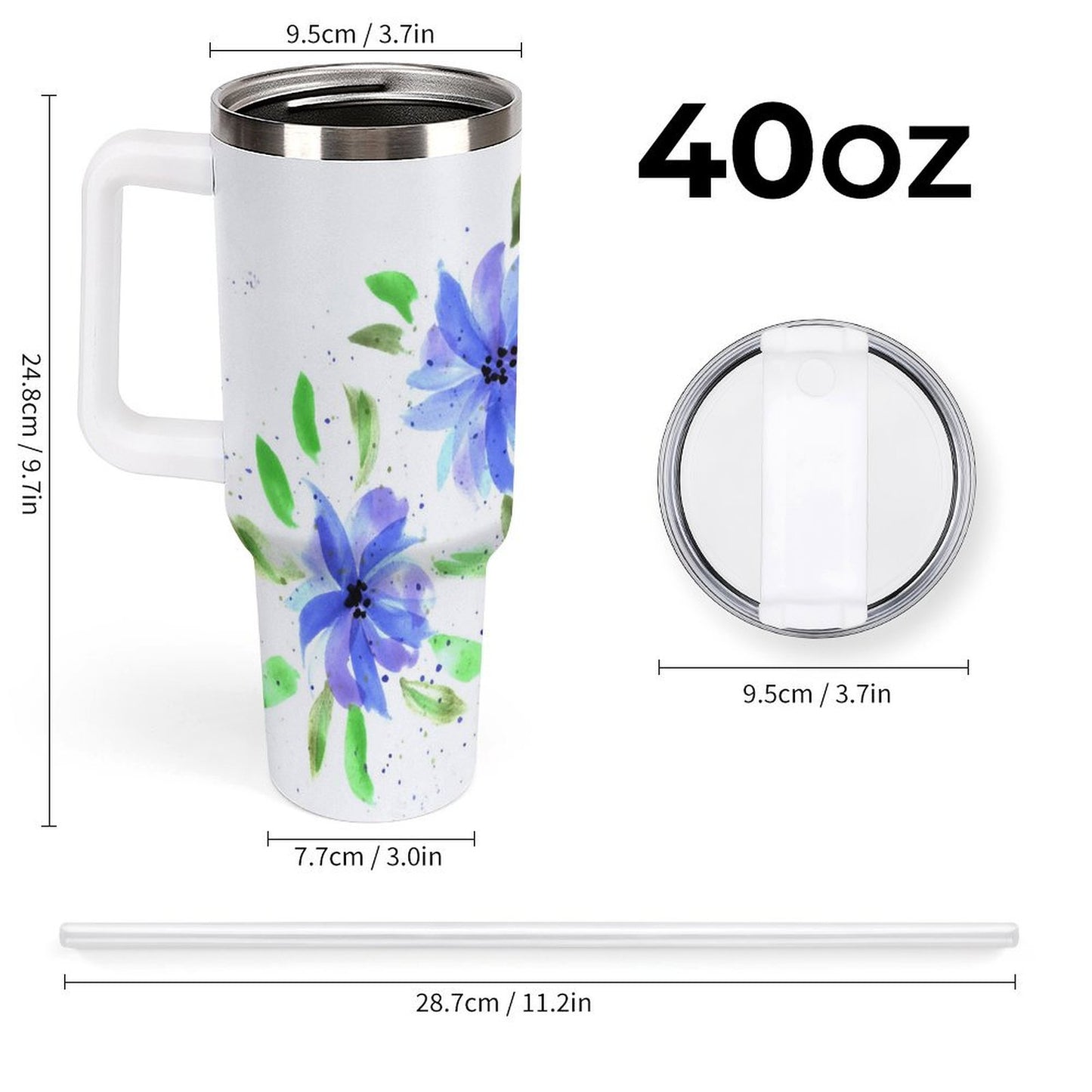 PHDT00144 POD US Local Tumbler 40 oz Large Capacity Car Cup Watercolor, Blue Flowers, Green Leaves