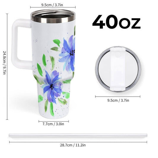 PHDT00144 POD US Local Tumbler 40 oz Large Capacity Car Cup Watercolor, Blue Flowers, Green Leaves