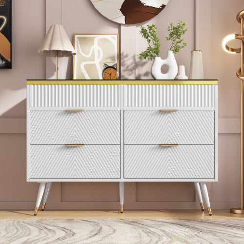 UK Local Sideboard Cabinet Dresser With 6 Drawers,Amber Glass Chest Of Drawers, Compartmentalised Storage,Anti-tip,Dressing Table For Living Room, Hallway, Bedroom, And Children's Room, 120 X 40 X 76 Cm, White