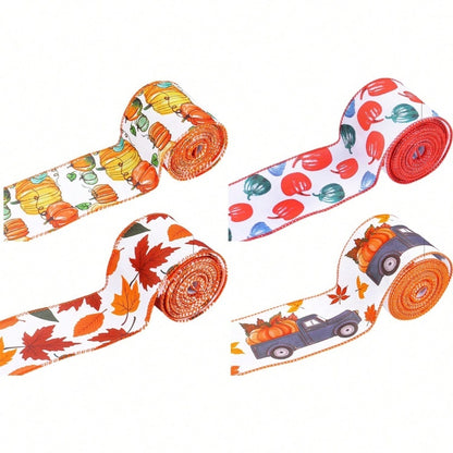 US Local 4 Rolls 20 Yards Thanksgiving Day Fall Autumn Wired Edge Ribbon Pumpkin Leaves Wired Ribbon Gingham Ribbon For Thanksgiving Decorations Party Gift Wrapping Craft DIY Project