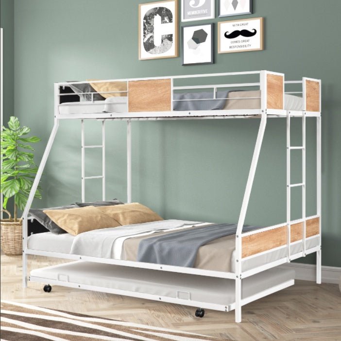 US Local Metal Double Bunk Bed With Rollers Heavy Duty Sturdy Metal Noise Reduction Safety Barrier Wood Trim