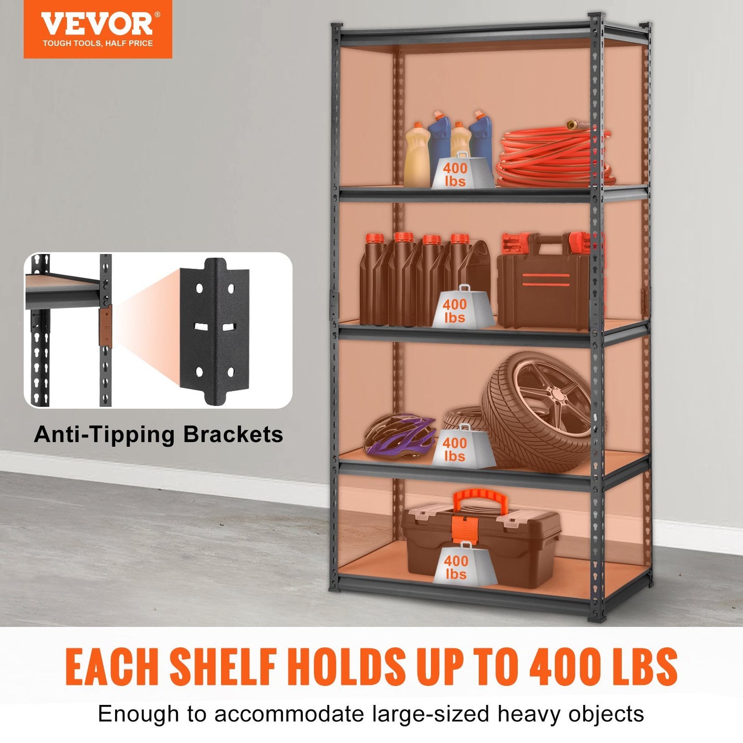 US Local VEVOR Storage Shelving Unit, 5-Tier Adjustable, 2000 Lbs Capacity, Heavy Duty Garage Shelves Metal Organizer Utility Rack, Black,  For Kitchen Pantry Basement Bathroom Laundry