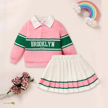 US Local Toddler Girls 2 Piece Outfit Colorblock Letter Graphic Print Sweatshirt And Pleated Skirt Set