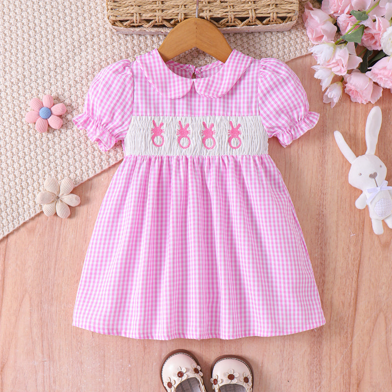 US Local Toddler Girl's Lapel Bubble Sleeve Dress, Checkered Pattern & Bunny Embroidery A-Line Summer Dress