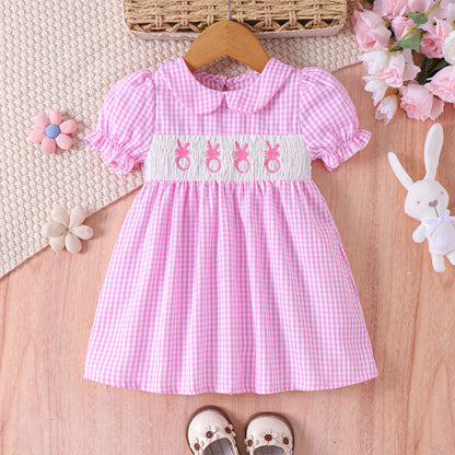 US Local Toddler Girl's Lapel Bubble Sleeve Dress, Checkered Pattern & Bunny Embroidery A-Line Summer Dress