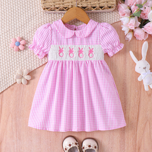 US Local Toddler Girl's Lapel Bubble Sleeve Dress, Checkered Pattern & Bunny Embroidery A-Line Summer Dress