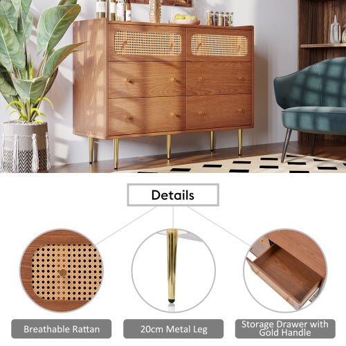 UK Local Rattan Sideboard Cabinet For Living Room, Chest Of Drawers With 6 Drawers, Walnut -40D X 120W X 90H Centimetres