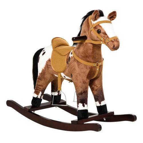 US Local Qaba Kids Metal Plush Ride-On Rocking Horse Chair Toy With Realistic Sounds - Dark Brown White