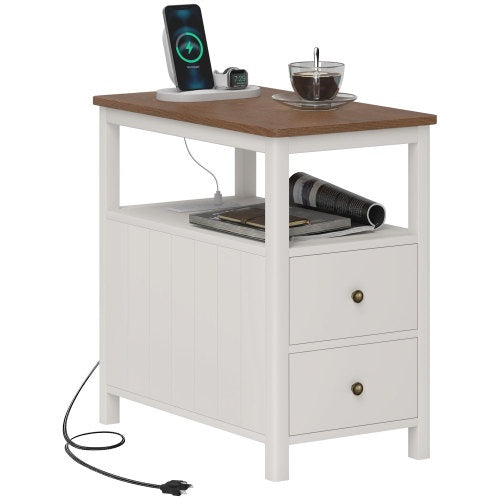 US Local HOMCOM Modern End Table With Charging Station And USB Ports, Narrow Side Table With Drawers & Shelf For Living Room, White