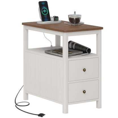 US Local HOMCOM Modern End Table With Charging Station And USB Ports, Narrow Side Table With Drawers & Shelf For Living Room, White