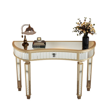 US Local 47 Half Moon Mirrored Console Table With Fluted Glass Crystal Knob Drawer Silver Entryway Vanity Desk For BedroomDressing RoomGold Sliver