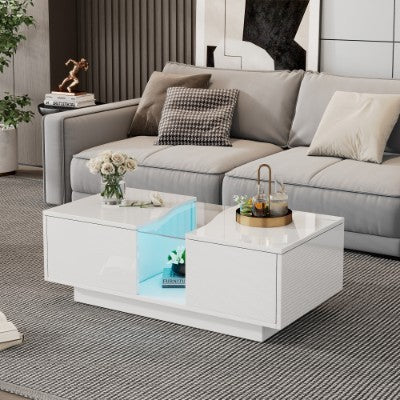 UK Local Led Coffee Table With 2 Drawer Storage, High Gloss Coffee Table For Living Room Unique Shape Centre Table With 16-Color Led Lights,End Table For Home Office Furniture, White