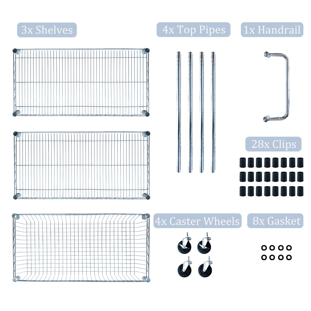 US Local Heavy Duty Rolling Utility Cart,3 Tier Rolling Carts With Wheels,with Handle Bar  Shelf Liners,36X18X32  Storage Cart For Kitchen,Restaurant,Plant Display,Chrome