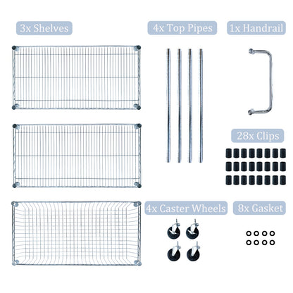 US Local Heavy Duty Rolling Utility Cart,3 Tier Rolling Carts With Wheels,with Handle Bar  Shelf Liners,36X18X32  Storage Cart For Kitchen,Restaurant,Plant Display,Chrome
