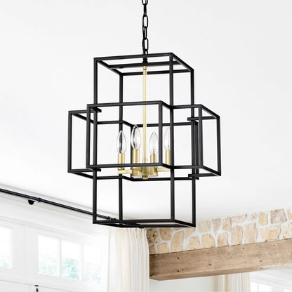 US Local 4-Light Metal Lantern Tiered Pendant Hanging Light Fixtures, Industrial Farmhouse Adjustable Height Chandeliers For Dining Room Hallway Foyer Entryway--Matte Black & Gold