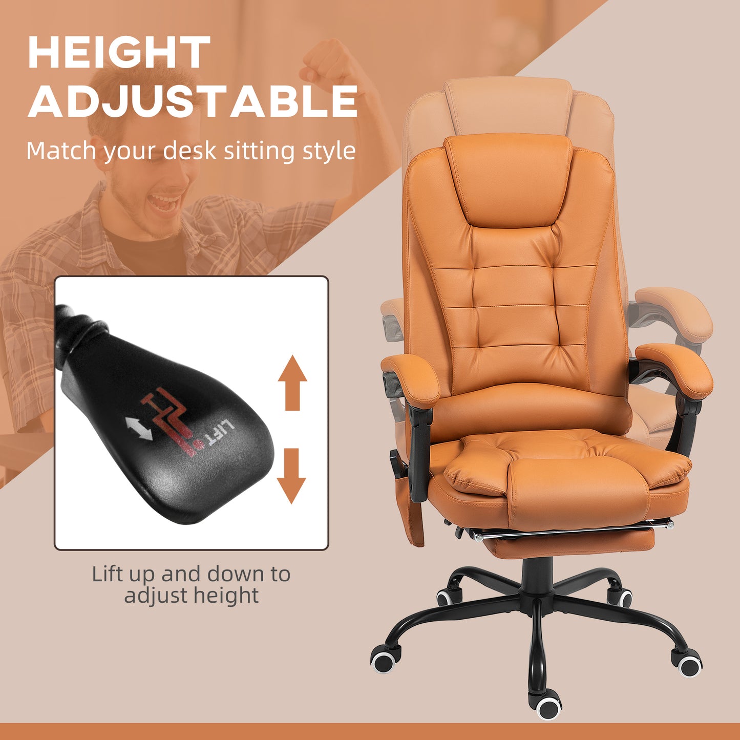 US Local 7-Point Vibrating Massage Office Chair High Back Massaging Office Desk Chair With Lumbar Support, Footrest, Light Brown