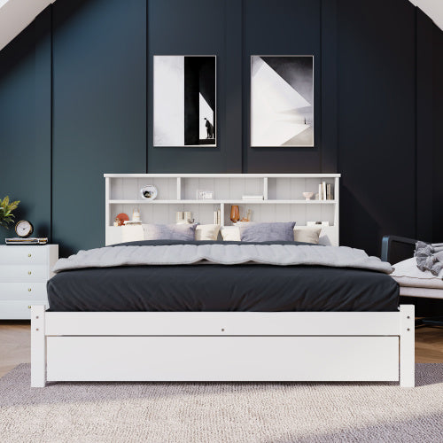 UK Local Bed With Shelves, White Wooden Storage Bed, Underbed Drawer - 4ft6 Double 135 X 190 Cm