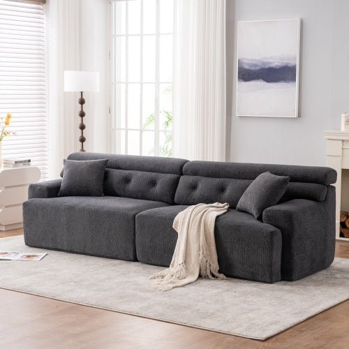 US Local LY-029 GRAY COMPRESSION SOFA 4-seater Combined Sofa, Wood Grain Chenille Fabric, Full Sponge Compression Sofa,combined Sofa With 2 Pillows For Living  Home Furniture  Apartment