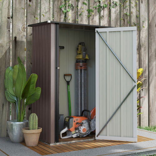 UK Local Outsunny 5ft X 3ft Metal Garden Storage Shed, Outdoor Tool Shed With Sloped Roof, Lockable Door For Tools, Equipment, Brown