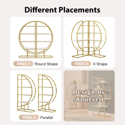 US Local 4 Tiers Home Office Open Bookshelf, Round Shape, Different Placement Ways, MDF Board, Gold Metal Frame, Golden