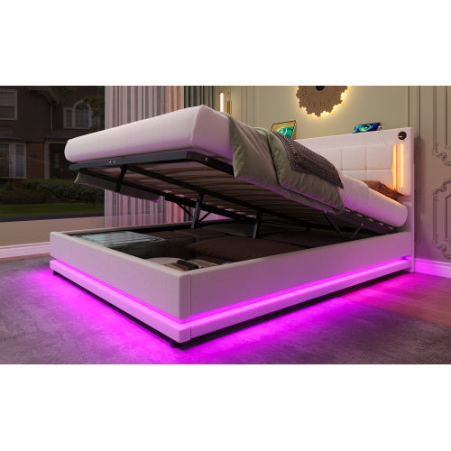 UK Local 4ft6 Double LED Hydraulic Bed With Charging Station, Adjustable Square Tufted Headboard With Intelligent Control Light, Soft Velvet Bed Frame With USB And Type - C Ports, Beige
