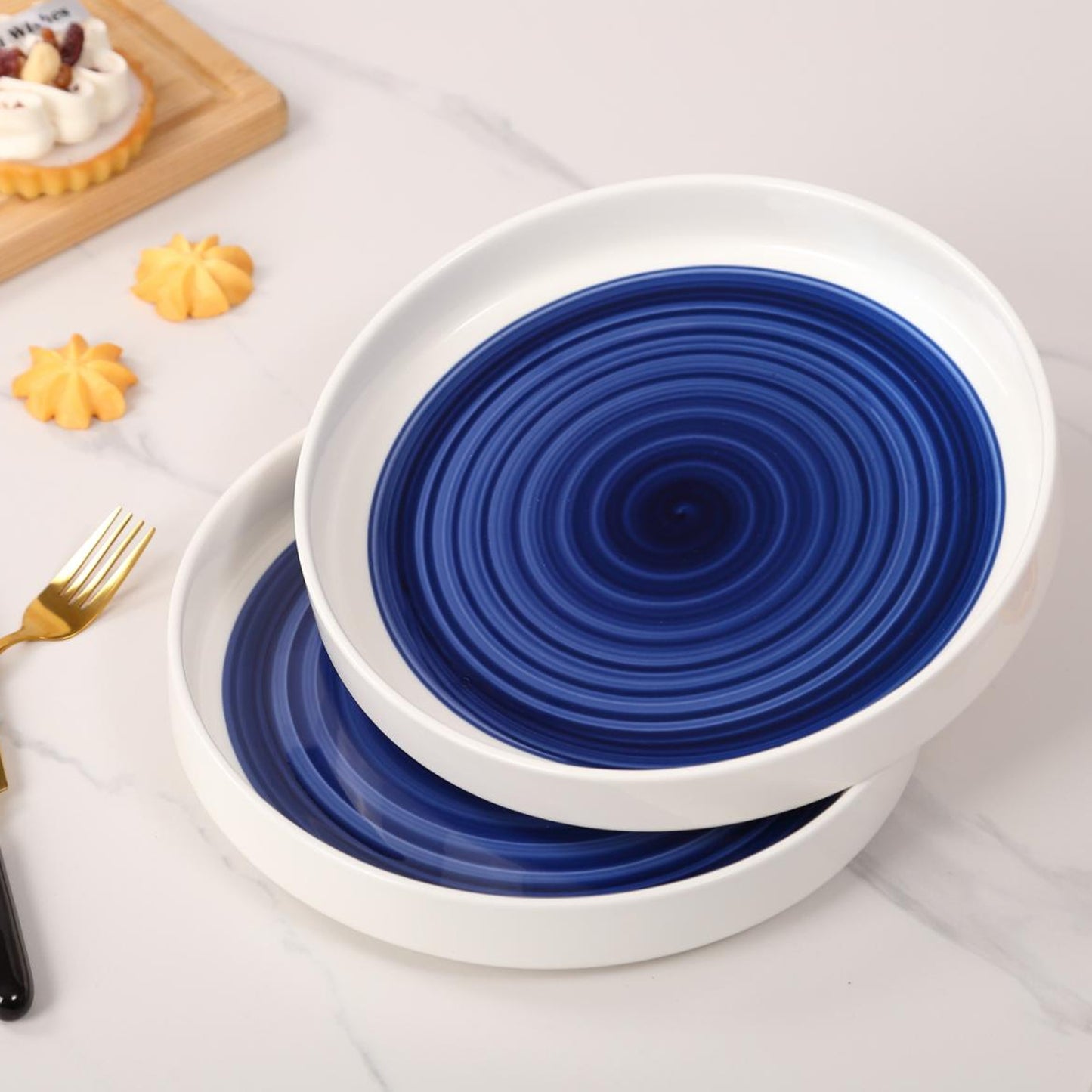 US Local White-Blue Ceramic Dinner Plates Set of 2 - Microwavable Plates for Heating Food Stylish Dinner Plates Dishwasher Safe Ceramic Plates