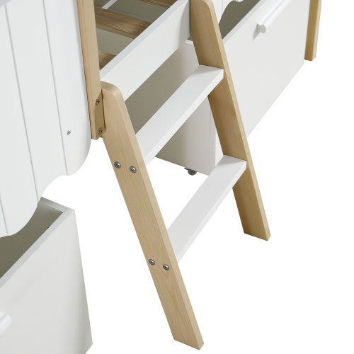 UK Local Wooden Bed, Storage Bed , Children's Bed, 3ft Single Bed 90x190cm, Safety Guardrail, Two Storage Boxes With Wheels, Imitation Roof Shape, Pine Wood  Particle Board, WhiteNatural