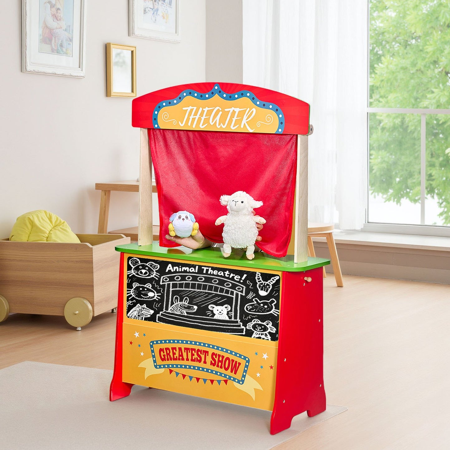 US Local Wooden Puppet Theater 2-in-1 Reversible Play Store Kids Play Market Stand