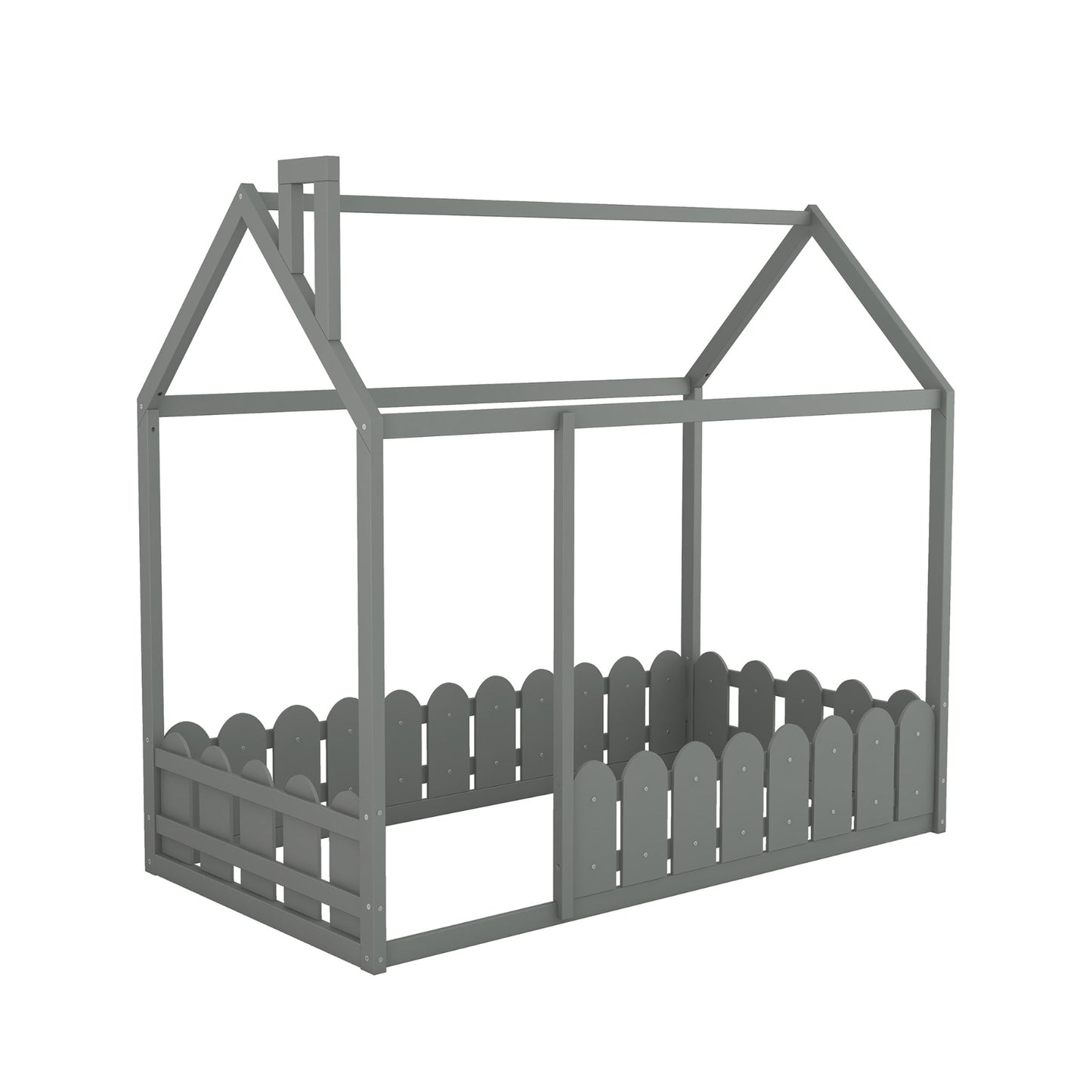 US Local Twin Size Wood House Bed Frame With Fence For Kids, Teens - No Slats