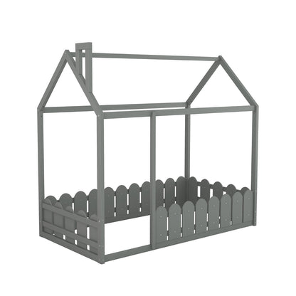 US Local Twin Size Wood House Bed Frame With Fence For Kids, Teens - No Slats