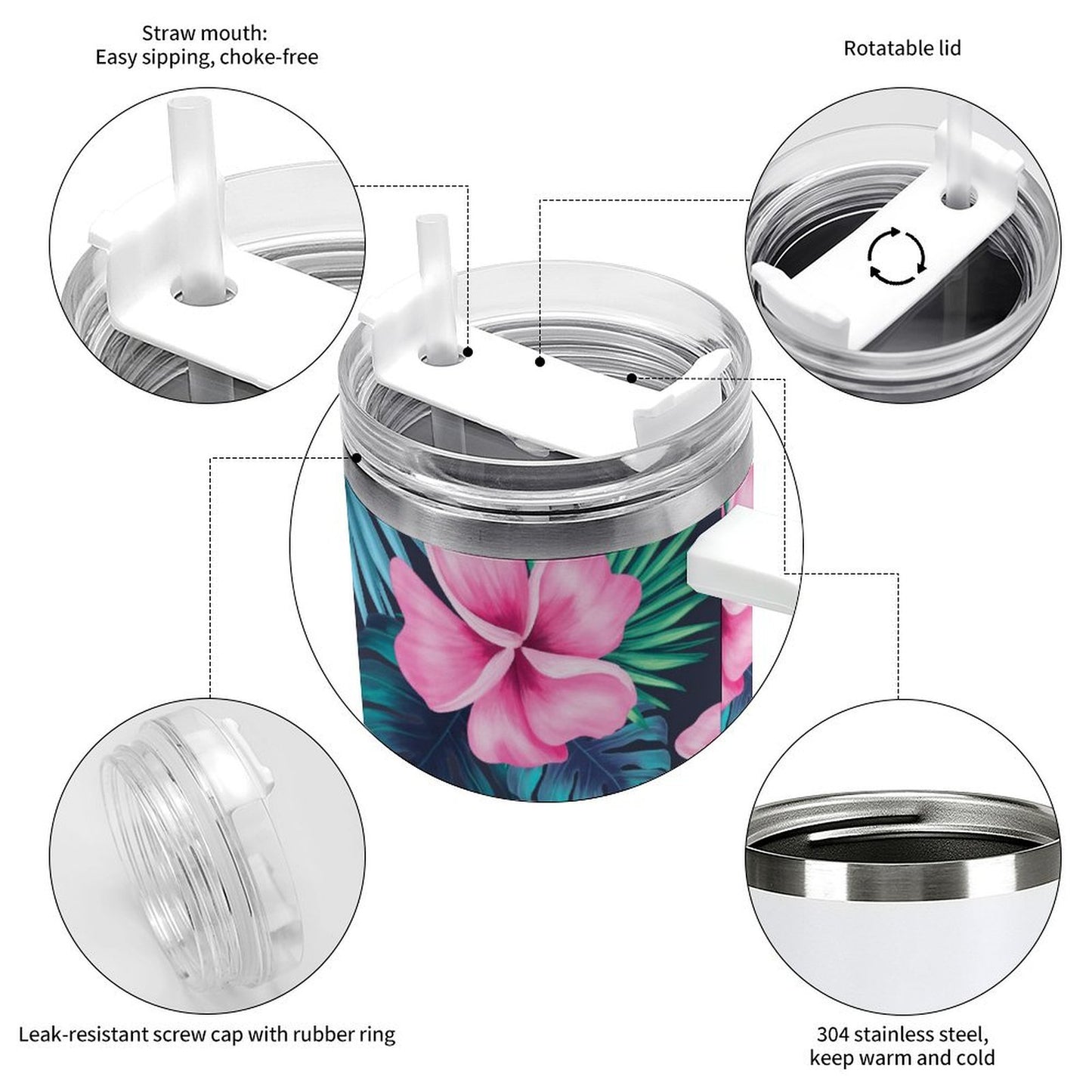 PHDT00035 POD US Local Tumbler 40 oz Large Capacity Car Cup Pink, Petals, Monstera Leaves