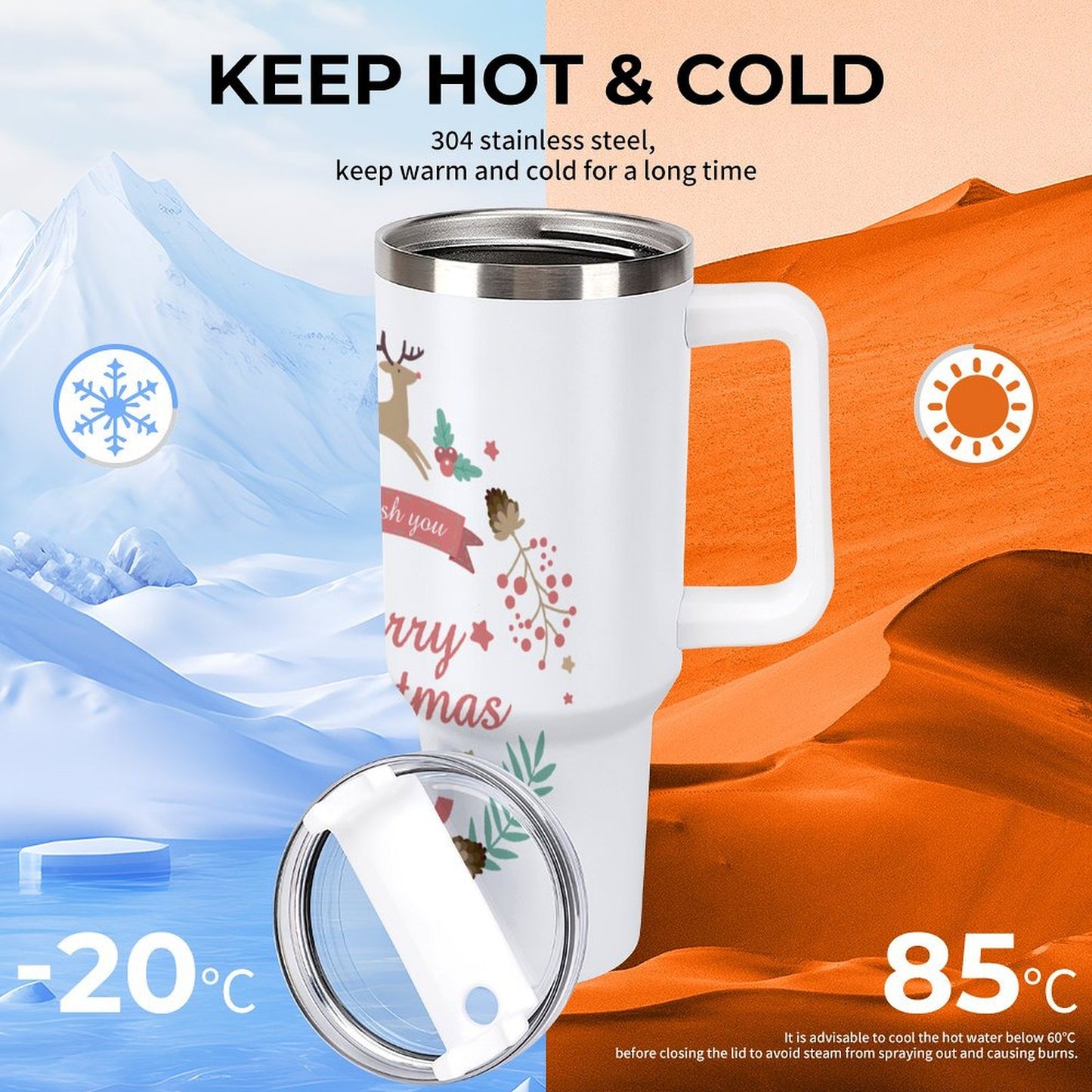 PHDT00307 POD US Local Tumbler 40 oz Large Capacity Car Cup Christmas Reindeer Bell Plant Red Green