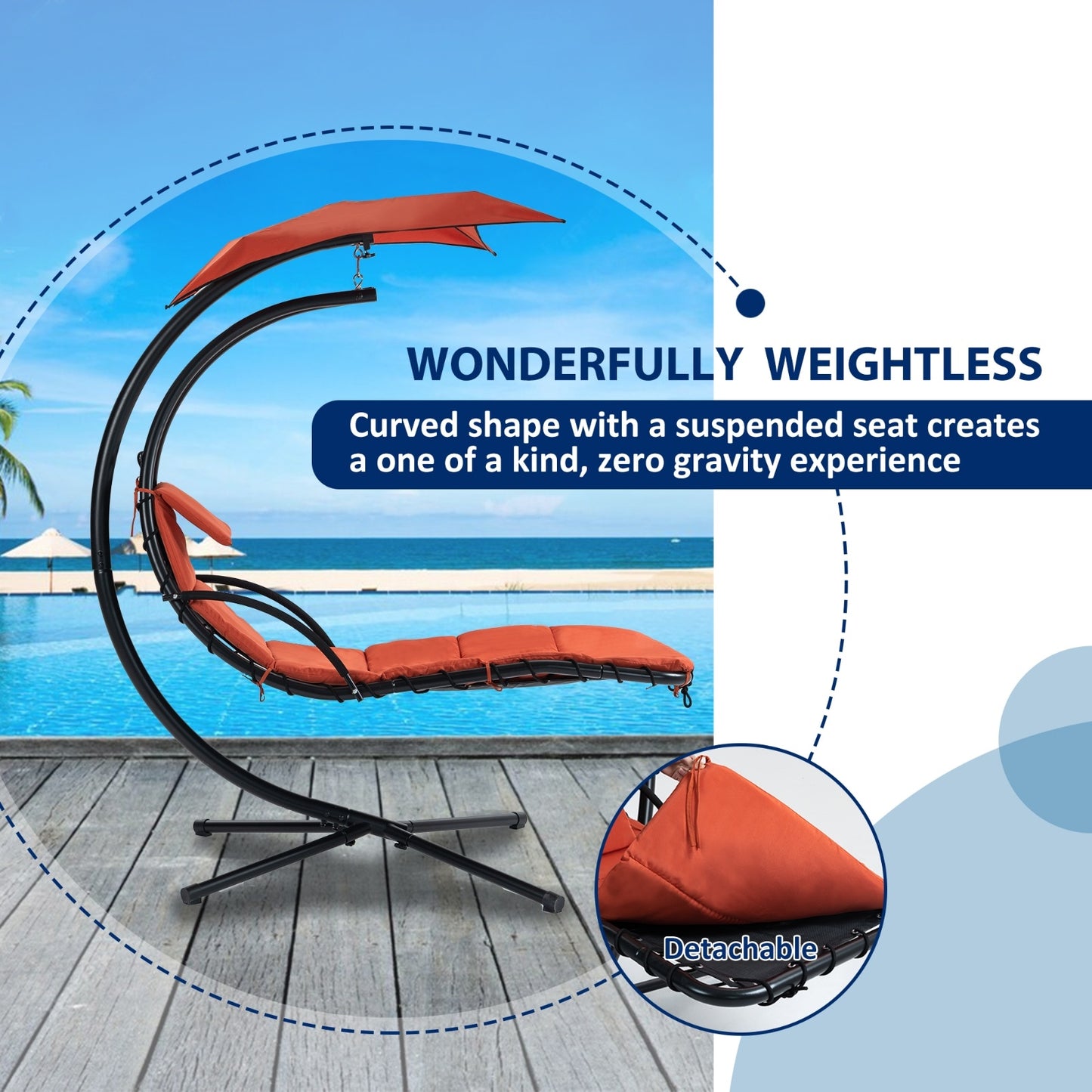 US Local Hanging Chaise Lounger With Removable Canopy, Outdoor Swing Chair With Built-in Pillow, Hanging Curv