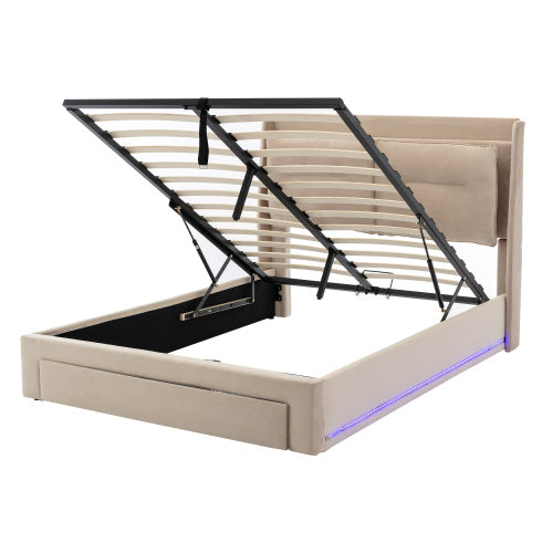 UK Local Upholstered Bed, 135x190 4ft6, Double Bed, Hydraulic Bed, 2-in-1 Storage Drawers At The End Of The Bed, Recessed LED Light Strips On Both Sides Of The Bed, Slatted Frame, Velvet,Beige