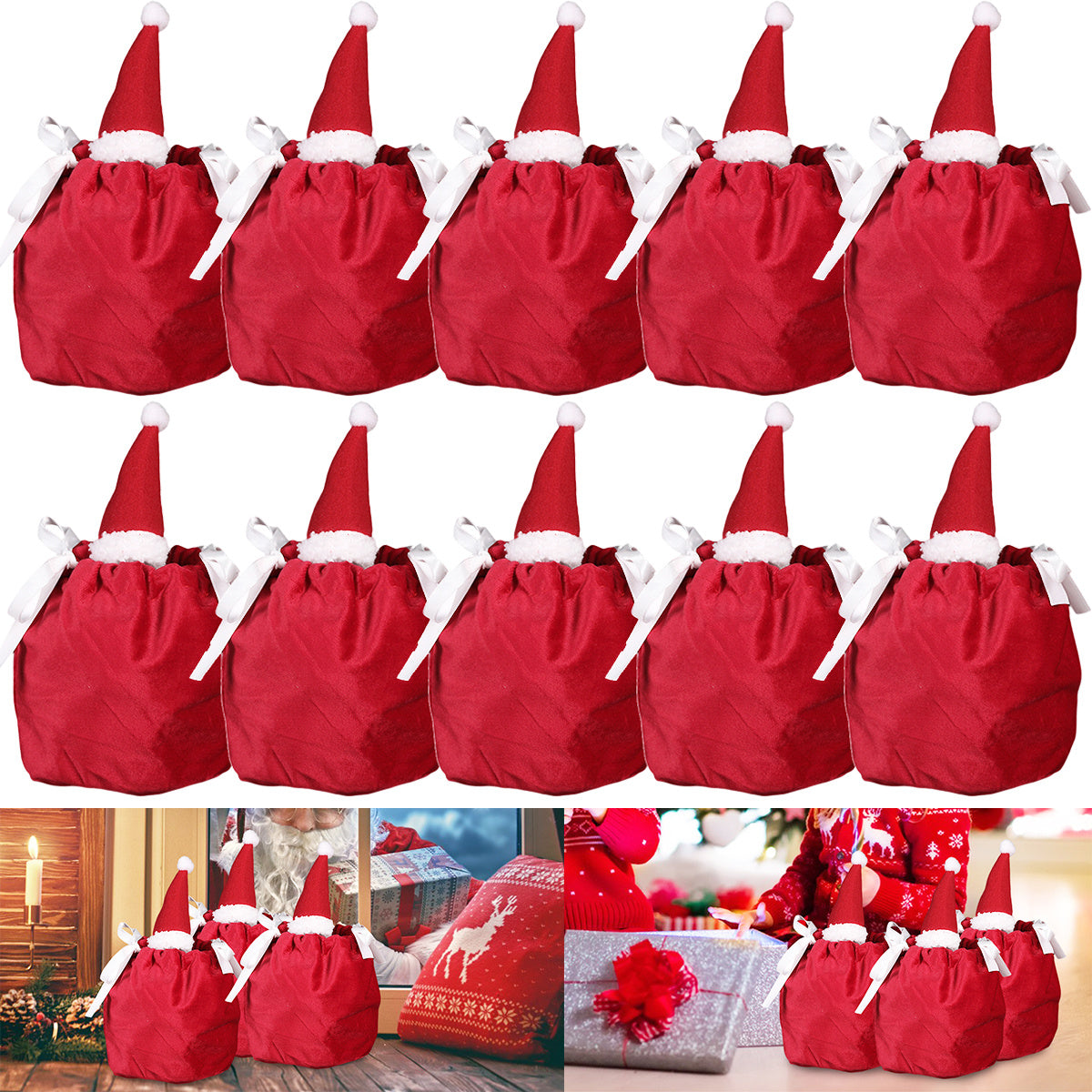 US Local 5 Packs Christmas Treat Bags With Drawstring 3D Xmas Santa Hat Gift Wrapping Bags Velvet Candies Goodie  Bag For Christmas Birthday Wedding Party Favor Supplies