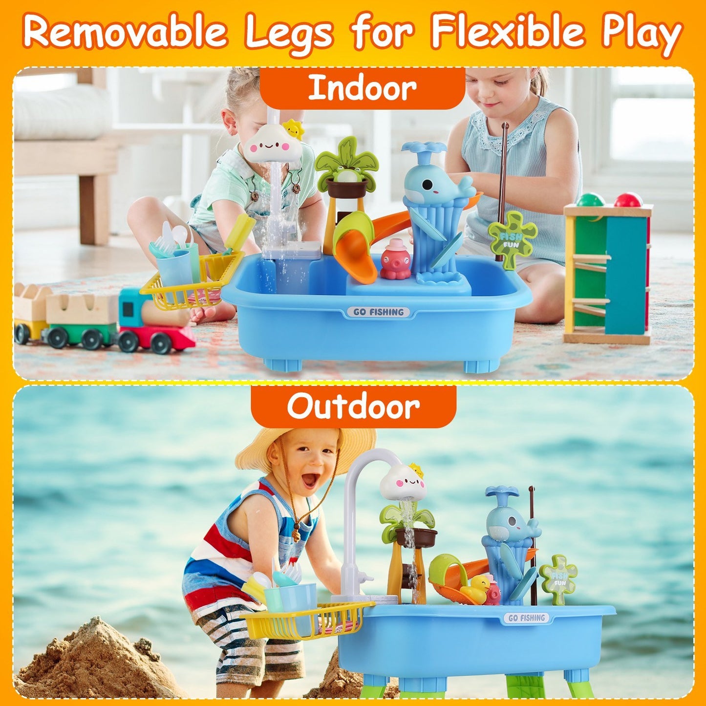 US Local 1Set 3 In 1 Kitchen Sink Toy With Electric Faucet Water Table Fishing Game Role Play Sink Set Indoor Outdoor For Kids Aged 3 Years Old