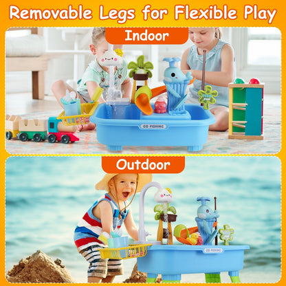 US Local 1Set 3 In 1 Kitchen Sink Toy With Electric Faucet Water Table Fishing Game Role Play Sink Set Indoor Outdoor For Kids Aged 3 Years Old