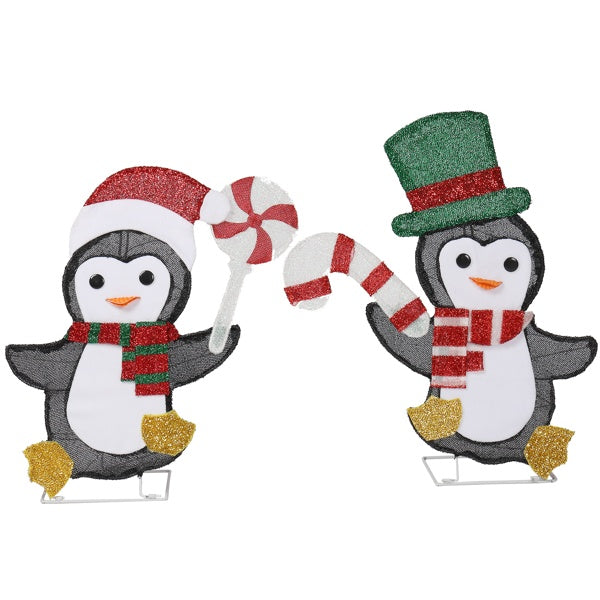 US Local Set Of 2 Lighted Penguin And Candy Cane Christmas Decorations, Pre-lit 2D Holiday Decor With 80 Warm White LED Lights For Xmas Outdoor Indoor Decor Lighted Holiday Displays