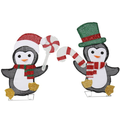 US Local Set Of 2 Lighted Penguin And Candy Cane Christmas Decorations, Pre-lit 2D Holiday Decor With 80 Warm White LED Lights For Xmas Outdoor Indoor Decor Lighted Holiday Displays