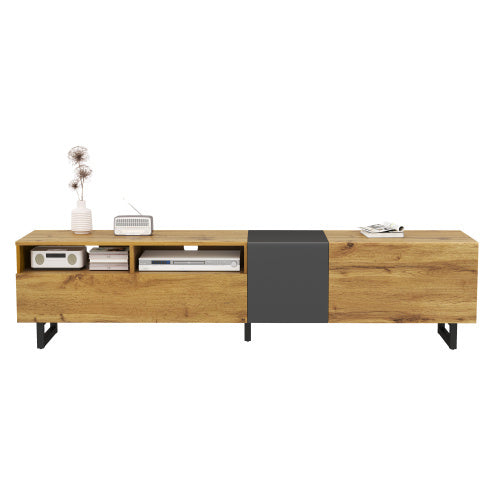 UK Local Colorblock TV Cabinet, Simple Contrasting Color Design, Three Doors And Two Compartments, U-Shaped Metal Legs, Retro Wood Grain