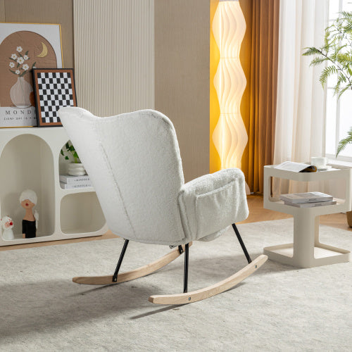 UK Local New Modern Teddy Fabric Tufted Upholstered Rocking Chair With Pull-out Footrest