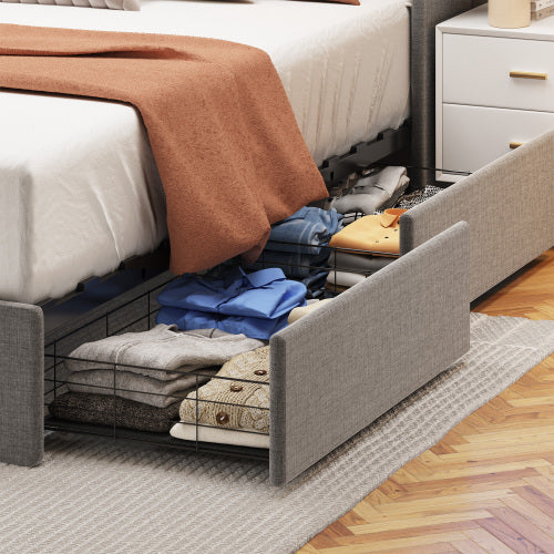 US Local Full Size Bed Frame With LED, 4 Under-bed Portable Storage Drawers, Wings Headboard Design, Light Grey