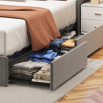 US Local Full Size Bed Frame With LED, 4 Under-bed Portable Storage Drawers, Wings Headboard Design, Light Grey