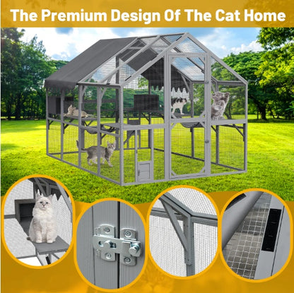 US Local Outdoor Cat House Cat Enclosures 110 Large Kitten Playpen With Platforms,Upgrade Waterproof Cover-grey